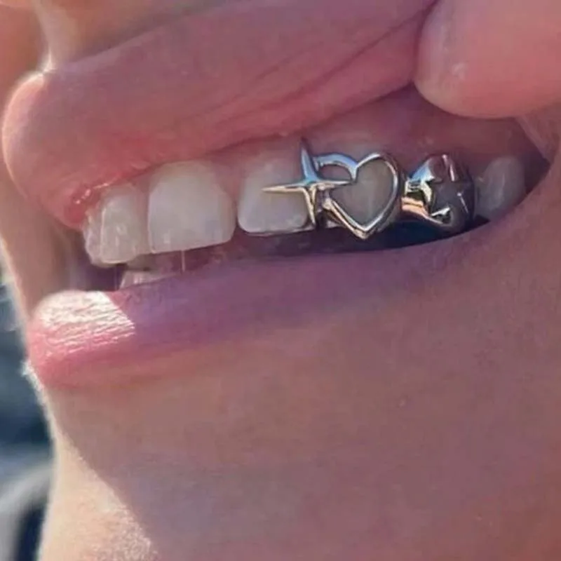 Men Accessories In Silver - Punk Hip Hop Hollow Heart Teeth
